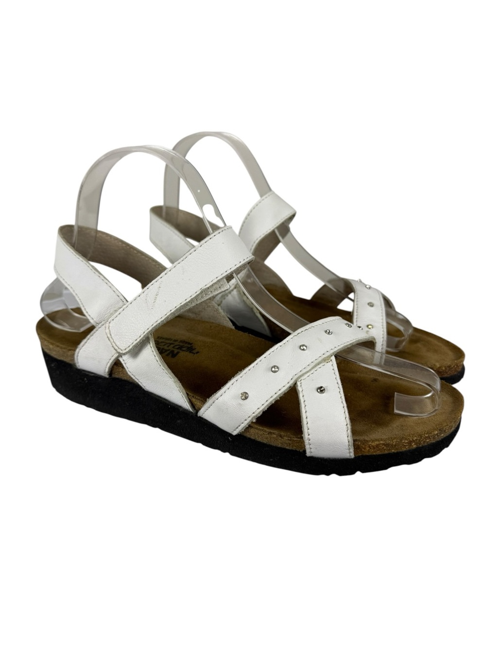 Naot Alyssa White Leather Velcro Strap Rhinestone Sandals Sz 39